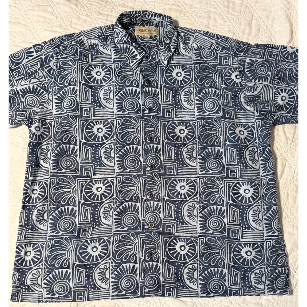 Johari West Mens 3XL Blue White Batik Cotton Short Sleeve Button Down Shirt
